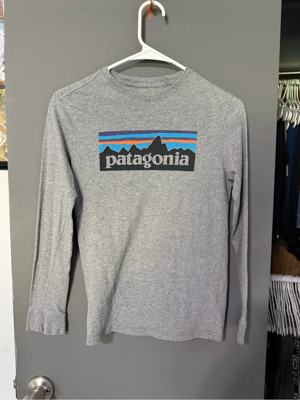 Patagonia Boys Gray Long Sleeve Tee with Blue and Orange Mountain Logo